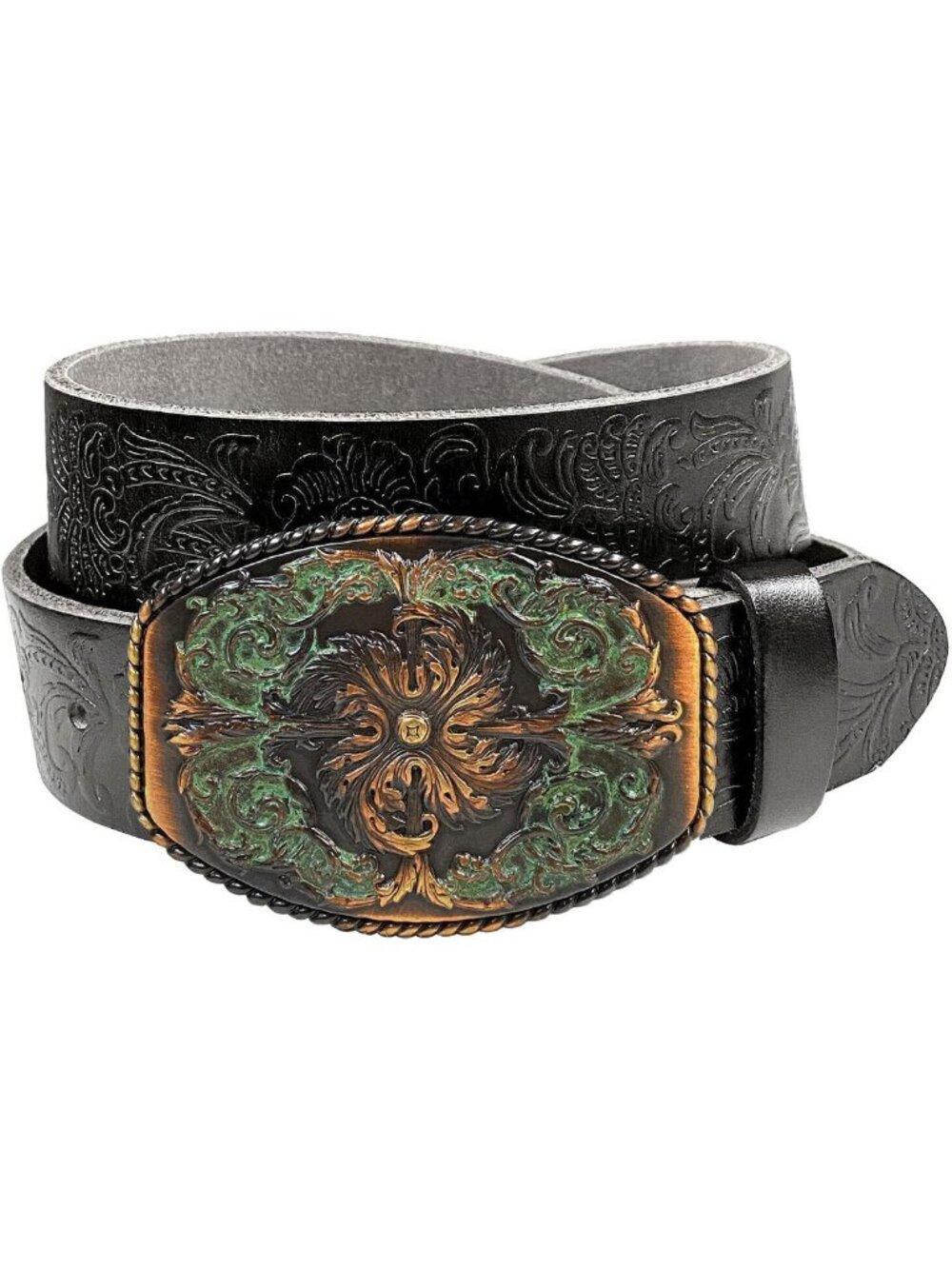 Floral Engraved Western Style Genuine Leather Belt - 1.5" Wide, USA Made